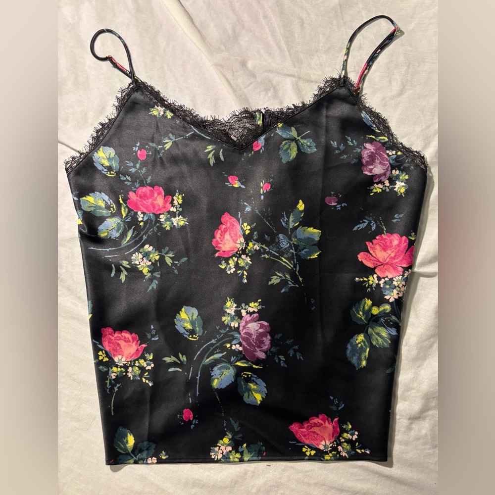 Victoria’s Secret Lace Trim Satin Camisole Floral  Lace Open Back mesh Sz.L